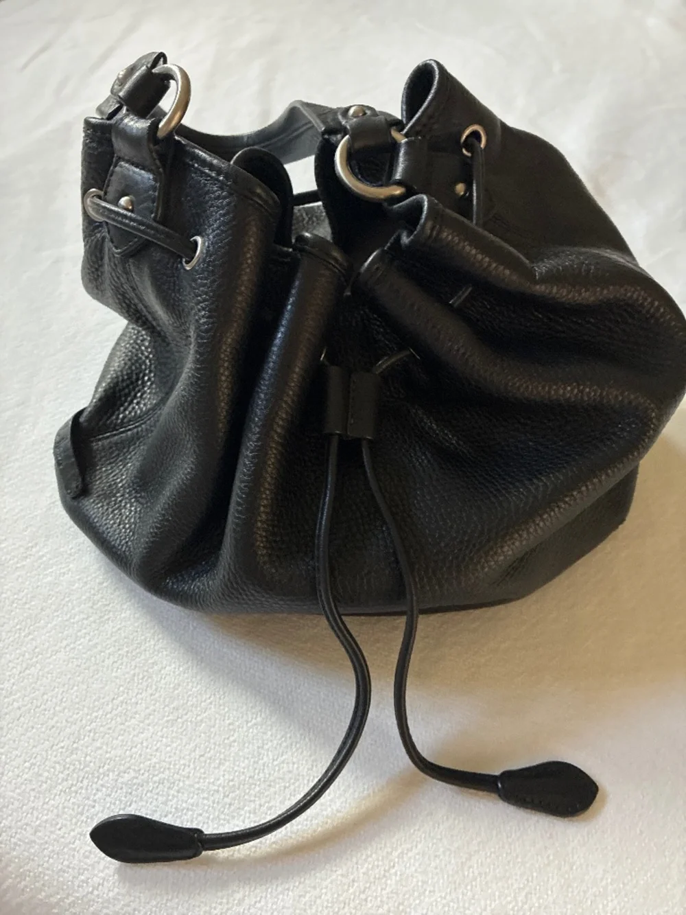 Authentic Cole Haan Black Pebbled Leather Drawstring Hobo Bag